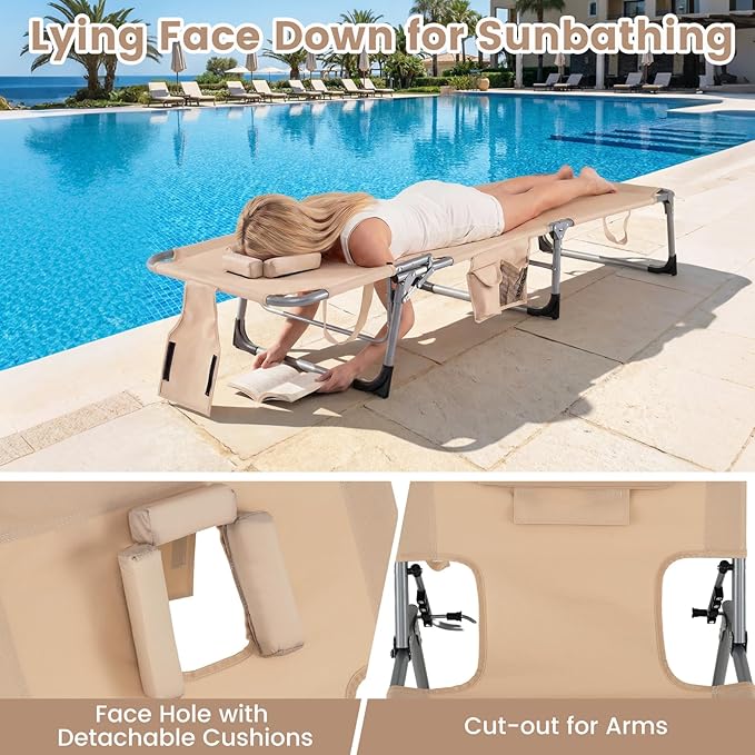 Giantex Face Down Tanning Chair, Folding Beach Lounge Chair w/ 4-Position Adjustable Backrest - Photo 8