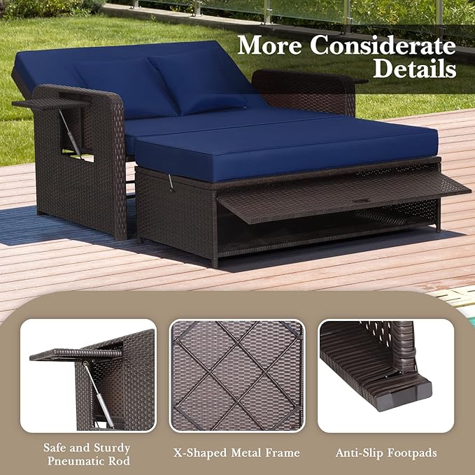 COSTWAY Patio Rattan Daybed with Cushions, Outdoor Wicker Loveseat Sofa with Storage Ottoman - Photo 4