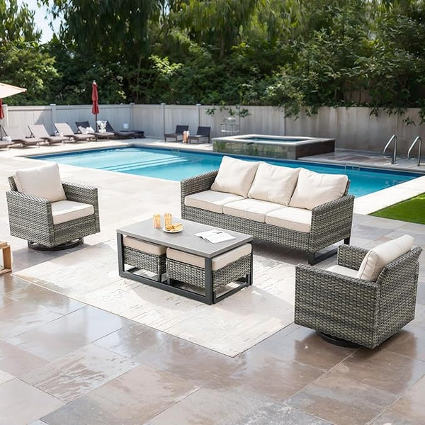 Wicker Outdoor Patio Furniture Set - 6 Piece Patio Conversation Set with 2 Swivel Rocker Chairs, 2 Rattan Ottoman - Photo 1