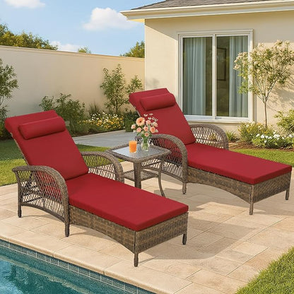 HOMEDIARY 3-Piece Outdoor Wicker Lounge Chair Set, Patio Chaise Loungers Set of 2 w/Side Table, 6-Position Adjustable Poolside Sunbathing Recliner, Armrest and Head Pillow, Fade-Resistant, Red