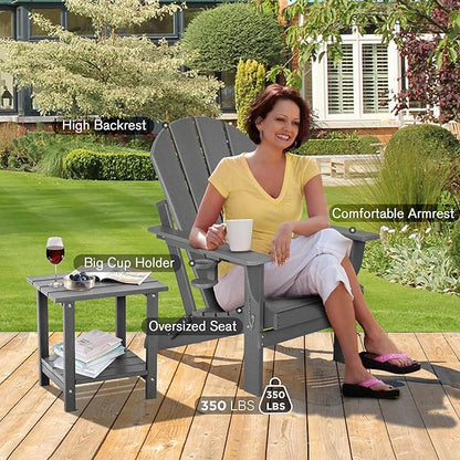 nalone Folding Adirondack Chair with Cushion with Cup Holder, HDPE Plastic Oversized Patio Chair Weather Resistant, Used in Outdoor, Fire Pit, Deck, Garden, Campfire Chairs (Grey)