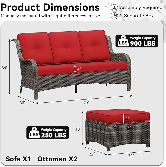 3-Piece Outdoor Couch Set, Include Wicker Patio Sofa with Thickened Olefin Cushions, High Back and Deep Seating, Hand-Woven PE Rattan and 2 Ottomans, Patio Conversation Set for Porch, Deck