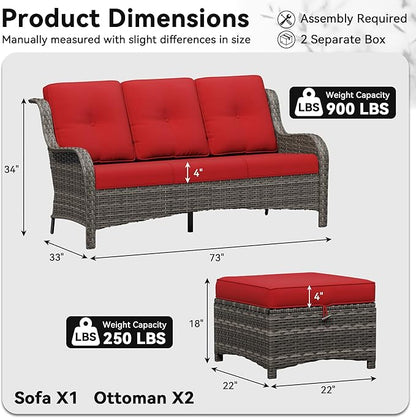 3-Piece Outdoor Couch Set, Include Wicker Patio Sofa with Thickened Olefin Cushions, High Back and Deep Seating, Hand-Woven PE Rattan and 2 Ottomans, Patio Conversation Set for Porch, Deck