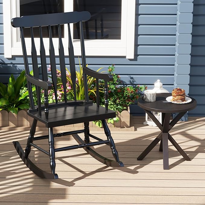 Giantex Outdoor Wood Rocking Chair - Patio Rocking Chair with Solid Rubber Wood Frame, Slat Back, Outside & Indoor Rocker for Garden, Poolside, Balcony, Backyard, Lawn, Front Porch Rocker, Black