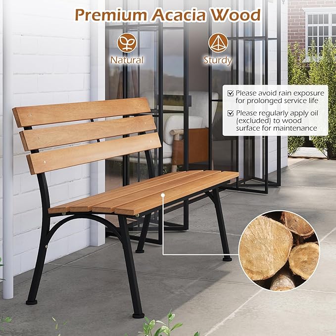 Tangkula Acacia Wood Outdoor Bench with Backrest, Patio Loveseat with Heavy Duty Metal Frame, Slatted Backrest and Seat, Park Bench for Outside Front Porch, Garden and Backyard