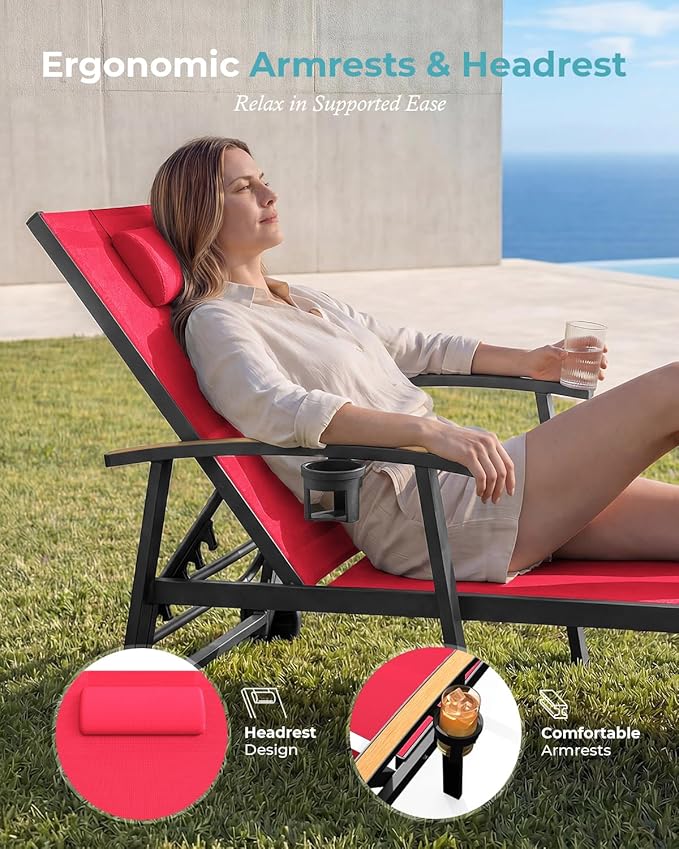 Ciokea Outdoor Lounge Chair with Pillow Set of 4, 5-Position Chaise Lounge with Wheels & Armrests - Photo 3
