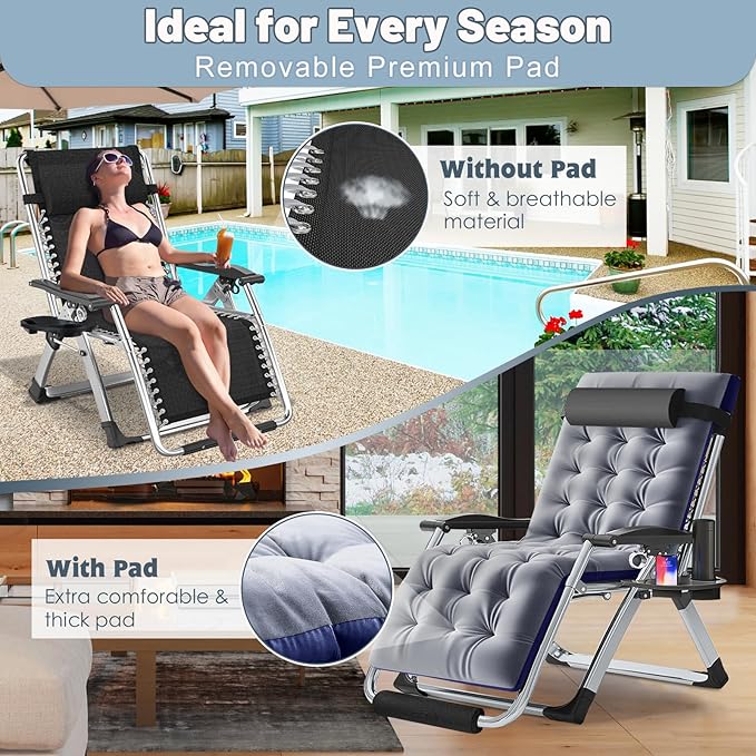 Slsy Zero Gravity Chair Oversized XL, Reclining Lounge Chair with Removable Cushion & Tray for Indoor and Outdoor - Photo 4