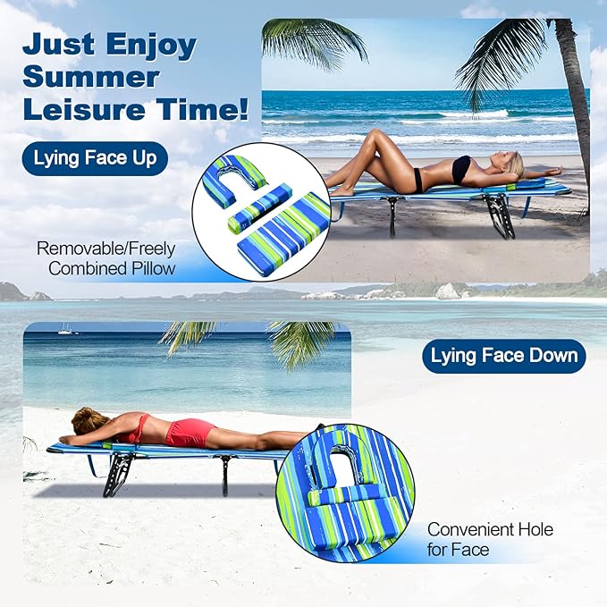 Goplus Tanning Chair, Folding Beach Lounge Chair with Face Hole, Removable Pillow, Carry Strap, Position Adjustable, Sunbathing Chair, Portable Outside Lounge Chair for Patio Pool