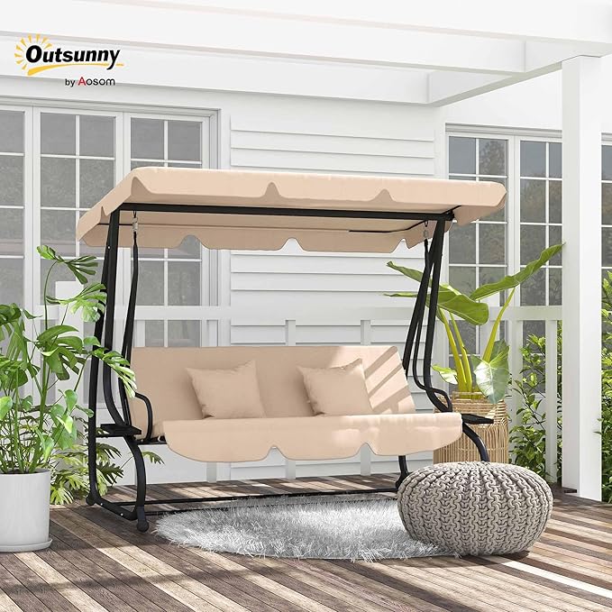 Outsunny 3-Seat Outdoor Patio Swing Chair, Converting Flatbed, Outdoor Swing Glider with Adjustable Canopy, Removable Cushion and Pillows, for Porch, Garden, Poolside, Backyard, Ecru