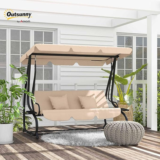Outsunny 3-Seat Outdoor Patio Swing Chair, Converting Flatbed, Outdoor Swing Glider with Adjustable Canopy, Removable Cushion and Pillows, for Porch, Garden, Poolside, Backyard, Ecru
