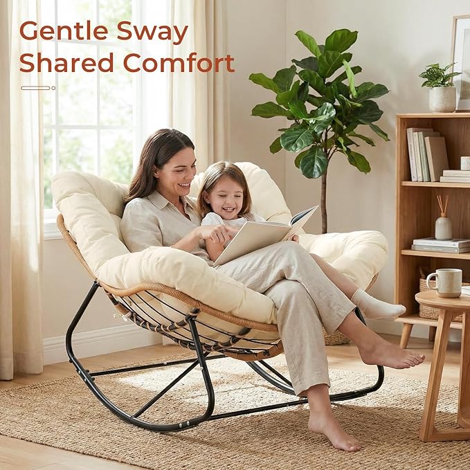 TLSUNNY Outdoor Papasan Rocking Chair, Oversized Padded Lounge Rocker with Cushion, Comfy Wicker Egg Lounge Chair, Large Indoor Rocking Recliner for Living Room/Porch/Garden (Beige)