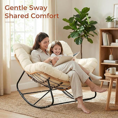 TLSUNNY Outdoor Papasan Rocking Chair, Oversized Padded Lounge Rocker with Cushion, Comfy Wicker Egg Lounge Chair, Large Indoor Rocking Recliner for Living Room/Porch/Garden (Beige)