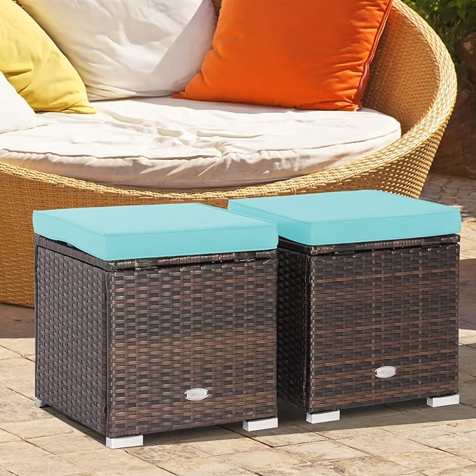 Tangkula 2 Pieces Patio Ottomans, Patiojoy Hand-Woven PE Rattan Side Table with Removable Cushion & Hidden Storage Space - Photo 2