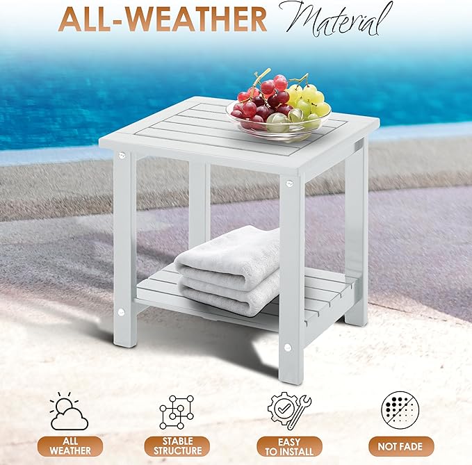 2-Tier Adirondack Outdoor Side Table, 16.6" Acacia Weather-Resistant End Table with Shelf for Patio, Garden, Lawn, Living Room (White)