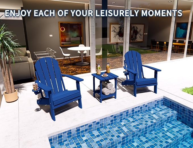 Adirondack Chair with Cup Holder, Folding HDPE Patio Chairs, Outdoor Plastic Fire Pit Chair, Wood Texture, Lawn Chairs for Deck, Porch, Backyard, Garden, Navy Blue
