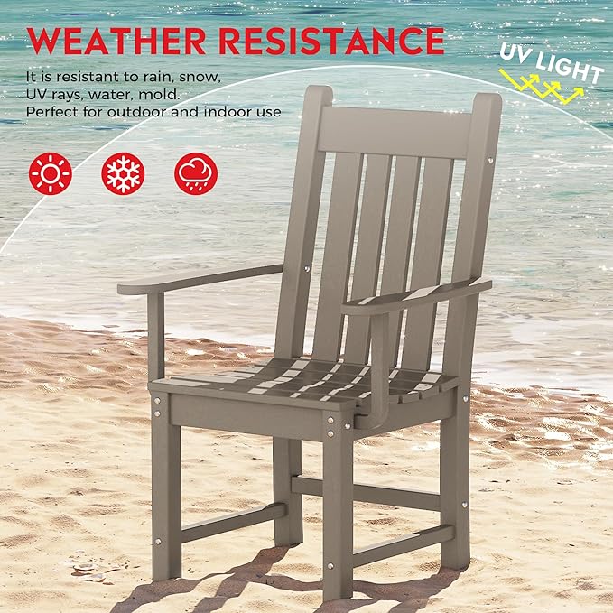 Costaelm Patio Dining Chairs, Plastic Outdoor Adirondack Chair with Arm, HDPE Poly Lumber, Waterproof Restaurant Bistro Dining Chair for Outside Porch Backyard Garden, Weathered Wood