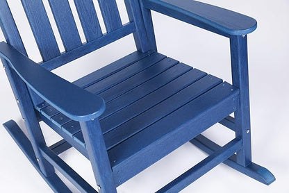 Oversized Rocking Chair with Wood-Texture, Outdoor Rocking Chair for Adults, All Weather Resistant Porch Rocker for Lawn Garden (Navy Blue)
