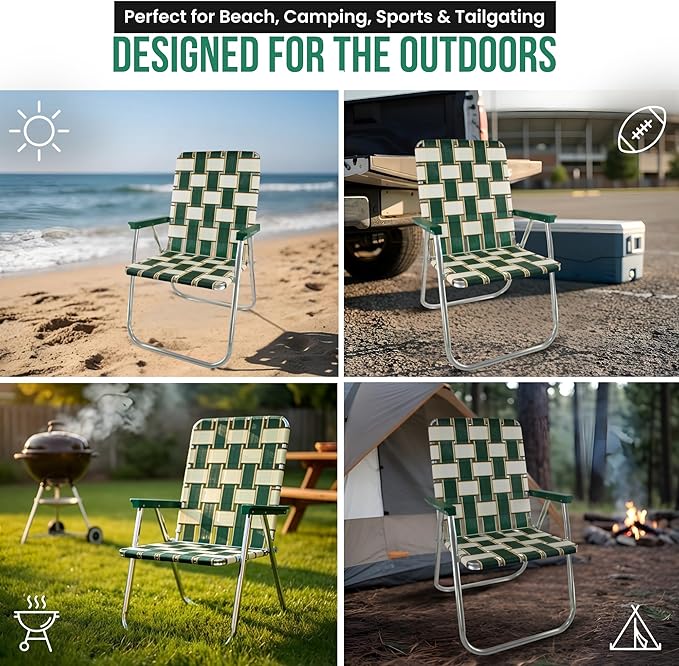 Lawn Chair USA Folding Aluminum Outdoor Patio Lawn Chair | Heavy-Duty Webbed Chairs for Camping, Sports, Beach, Yard & Tailgating | Lightweight Portable | Classic - Spring Fling with Green Arms
