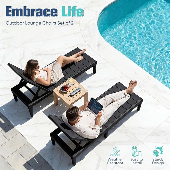 Devoko Outdoor Chaise Lounge Chair Set of 2 with 5-Position Adjustable Back, Waterproof & Lightweight PP Lounge Chairs for Outside Pool Patio (Black)