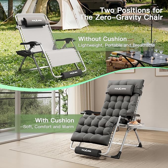 Amopatio Oversized Zero Gravity Chair, XL 29In Reclining Camping Lounge Chair w/Removable Cushion&Headrest - Photo 4