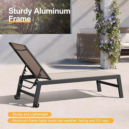 PURPLE LEAF Outdoor Chaise Lounge with Wheels for Outside 2 Pieces Aluminum Patio Lounge Chair with 5 Adjustable Position Recliner for Patio, Beach, Yard, Pool, Side Table Included, Beige