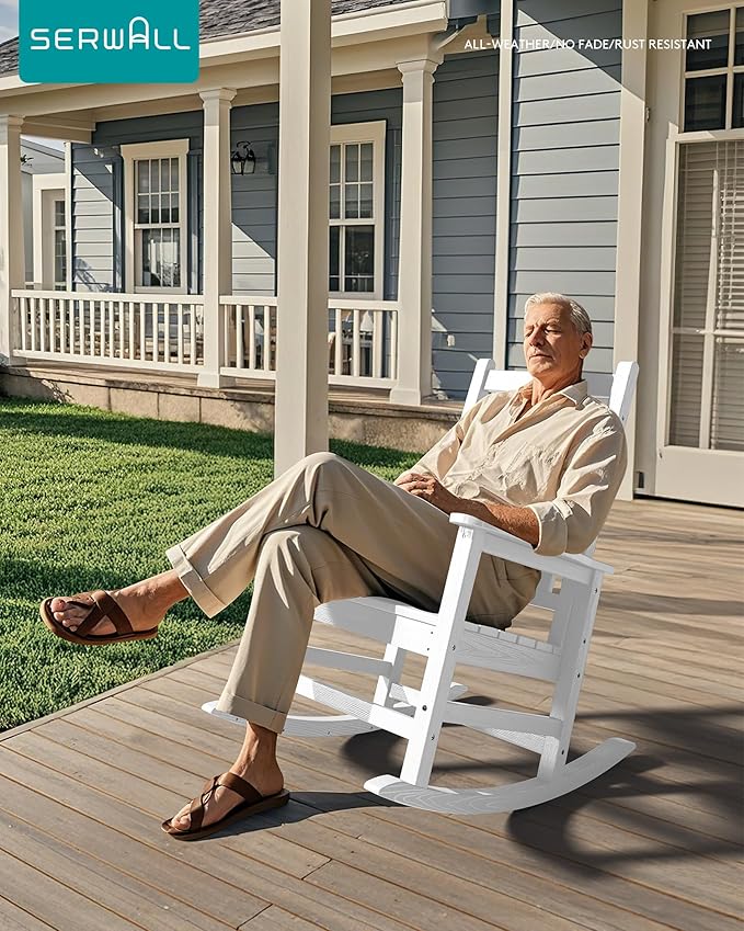 SERWALL HDPE Outdoor Rocking Chair Set of 6, Patio Rocking Chairs for Adults, All Weather Outdoor Rockers for Lawn, White