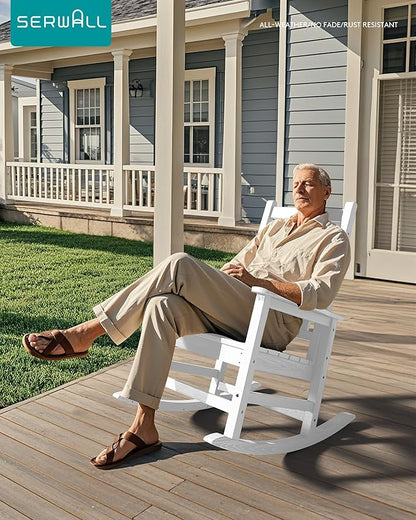 SERWALL Outdoor Rocking Chair, HDPE Rocking Chair for Adults, All Weather Porch Oversized Rockers for Lawn Garden, White