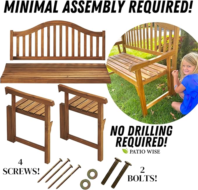 Patio Wise Foldable Acacia Wood Garden Bench, 4 Foot Indoor/Outdoor Wooden Porch, Patio, & Park Seating, Curved Backrest and Armrest, 48" Wide x 24-3/4" Deep x 41" High, Teak Color