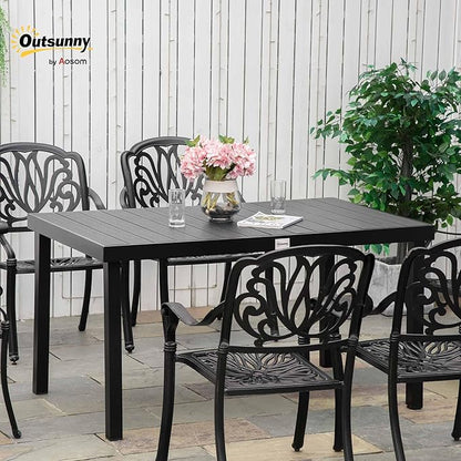 Outsunny Outdoor Dining Table for 6 Person, Rectangular Patio Table, Aluminum Metal Legs for Garden, Lawn, Patio, Woodgrain Black