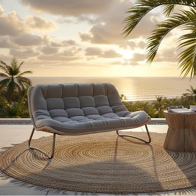 Kingdura Outdoor Wicker Papasan Egg Chair, Outdoor Loveseat, 2 Seater Oversized Patio Lounge Recliner with Thick Cushion, All-Weather Comfy Chaise Chair for Balcony Porch Lawn & Indoor, Grey