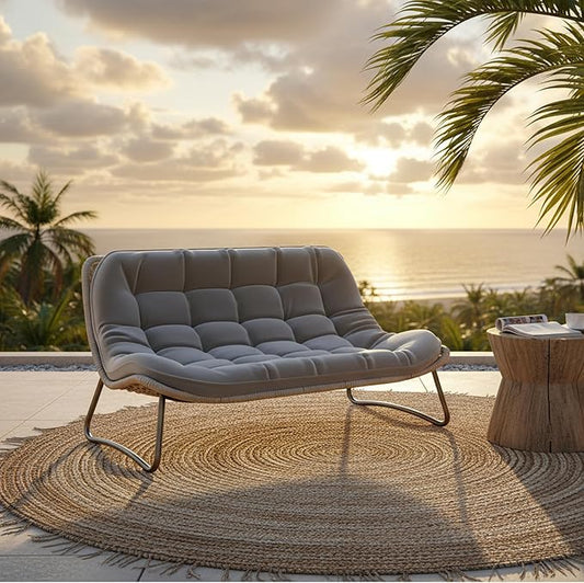 Kingdura Outdoor Wicker Papasan Egg Chair, Outdoor Loveseat, 2 Seater Oversized Patio Lounge Recliner with Thick Cushion, All-Weather Comfy Chaise Chair for Balcony Porch Lawn & Indoor, Grey
