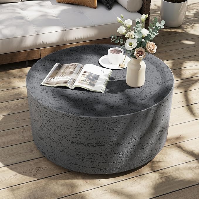 UPHA 28" Round Outdoor Coffee Table, Modern Hollow Concrete Patio Table, Small Minimalist Low Accent Table for Living Room, Balcony, Deck, Backyard, Dark Gray