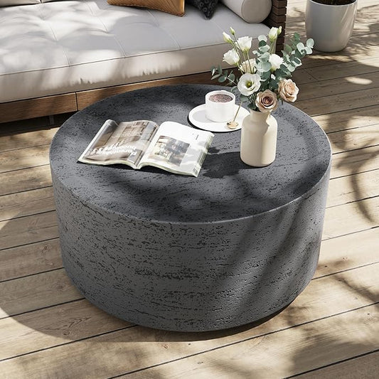 UPHA 28" Round Outdoor Coffee Table, Modern Hollow Concrete Patio Table, Small Minimalist Low Accent Table for Living Room, Balcony, Deck, Backyard, Dark Gray