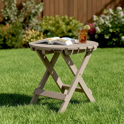 Shine Company Round Wooden Folding Solid Wood Side Table, Outdoor Adirondack Small Patio Table, Graystone