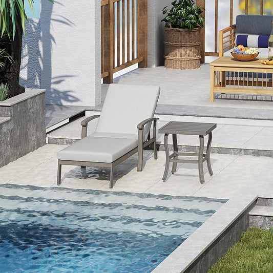 Chaise Lounge Chair Outdoor - 2 Pieces Patio Aluminum Chaise Lounge Chair Set with Side Table, Removable Cushion and Adjustable Reclining Positions for Outdoor Poolside Backyard