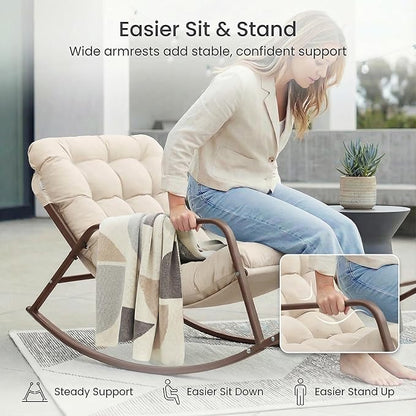 NICESOUL Papasan Rocking Chair with Footrest, Outdoor Rocking Chair with Cushion, Oversized Patio Rocker, Recliner-Style Comfort, Heavy Duty Steel Frame, Indoor Balcony Backyard, Beige