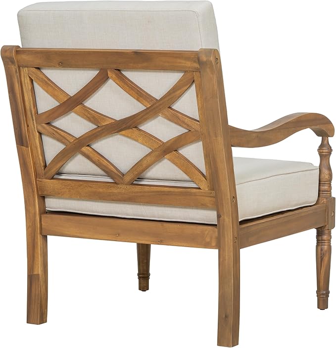 Christopher Knight Home Pyosik Acacia Wood Patio Chair, Comfy Armchair with Thick Cushions, Comfort Seating for Garden Backyard Poolside, Wooden Lounge Chair Outdoor with Armrest, Beige + Natural
