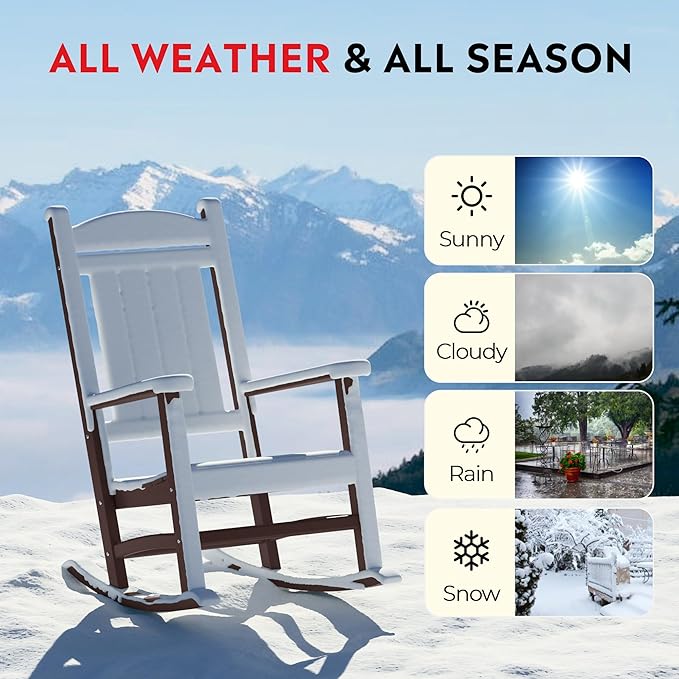 Costaelm Oversized Outdoor Rocking Chair, High Back Porch Rocker Chair, HDPE All Weather Resistant Outdoor Seating Furniture Wide Rocker Chair for Patio, Lawn, Garden, Dark Brown