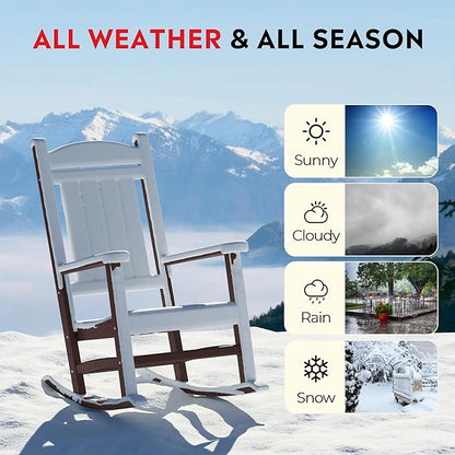 Costaelm Oversized Outdoor Rocking Chair, High Back Porch Rocker Chair, HDPE All Weather Resistant Outdoor Seating Furniture Wide Rocker Chair for Patio, Lawn, Garden, Dark Brown