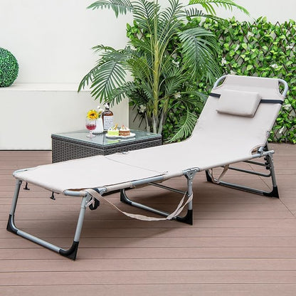 GYMAX Tanning Chair, 330LBS Beach Lounge Chair with Face Arm Hole & Hand Shoulder Strap, Folding Layout Sunbathing Chair, Face Down Outdoor Chaise Lounger for Patio, Poolside, Lawn, Backyard (2, Sand)