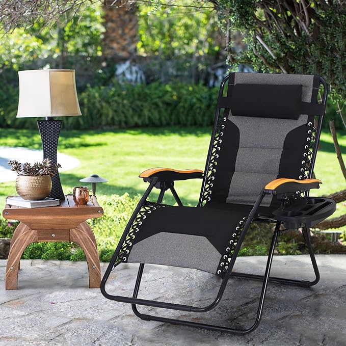 MAISON ARTS Oversized XXL Padded Zero Gravity Chair, 30" Wide Seat Foldable Patio Recliner, Anti Gravity Outdoor Lawn Chair with Cup Holder & Pillow, Supports 400lbs, Black & Grey
