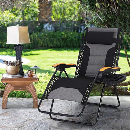MAISON ARTS Oversized XXL Padded Zero Gravity Chair, 30" Wide Seat Foldable Patio Recliner, Anti Gravity Outdoor Lawn Chair with Cup Holder & Pillow, Supports 400lbs, Black & Grey