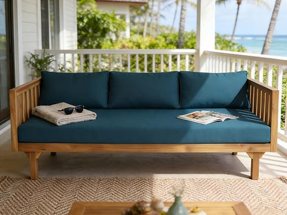 Merax Outdoor 3 Seater Daybed, Acacia Wood Day Bed Couch Sofa with Cushions for Patio Backyard, Garden, Blue