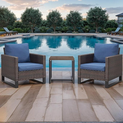 Rilyson Wicker Outdoor Patio Chairs Set of 2-2 Piece Rattan Chairs with Waterproof Wicker,Comfortable Cushions and Sturdy Metal Frame for Outside Porch Deck Backyard(Brown/Blue)