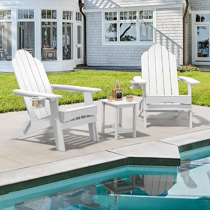 LUE BONA Folding Adirondack Chair Set of 2 with Adirondack Side Table, White HDPS Fire Pit Adirondack Chairs with Cup Holder for Patio, Proch