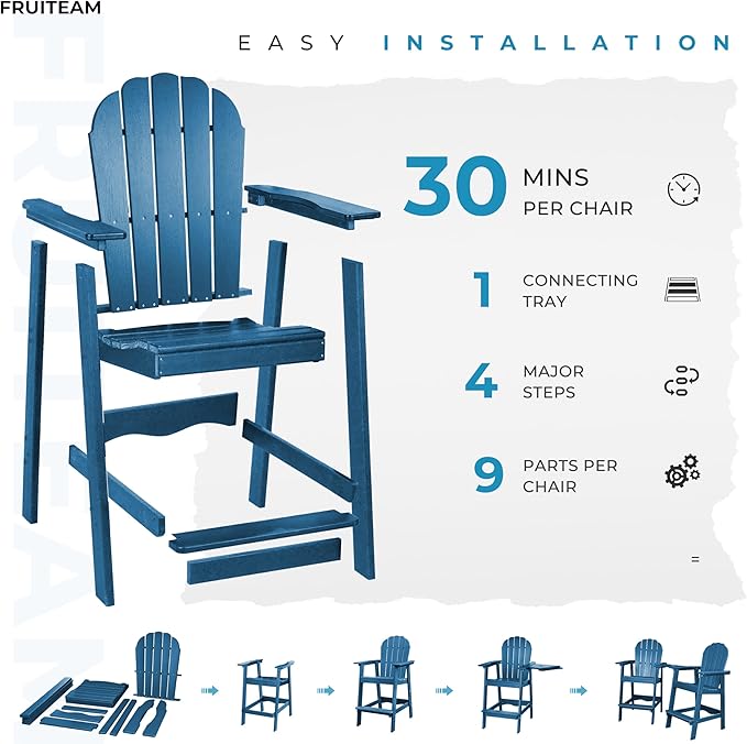 FRUITEAM Tall-Adirondack-Chairs Set of 2, High Adirondack Chair Low-Maintenance Poly Balcony Chairs Set with Connecting Tray, Outdoor Weather-Resistant Deck Chairs, for Patio Pool Yard