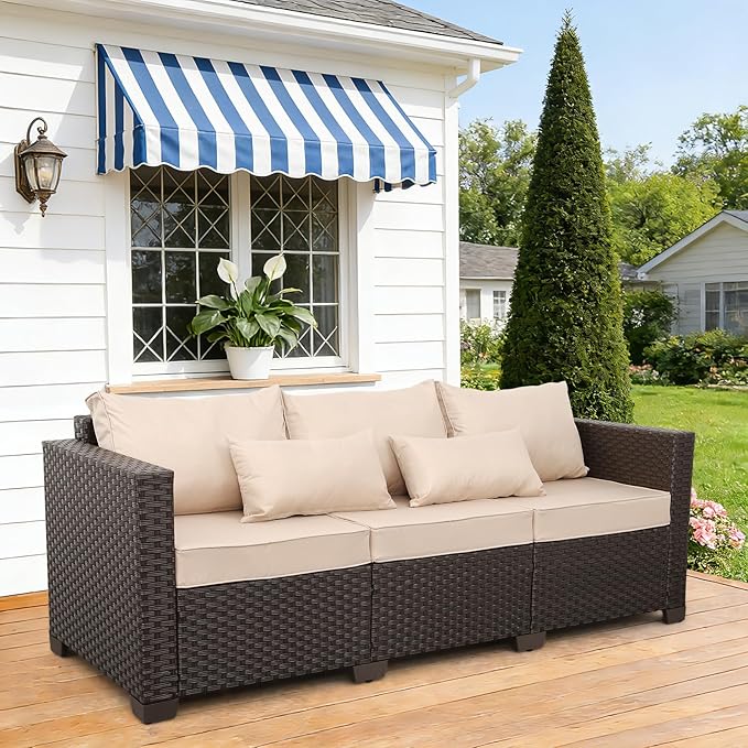 Outdoor Furniture Couch 3 Seater Sofa Outdoor Brown Wicker Sofa Deep Seat High Backrest Patio Couch with Non-Slip - Photo 3