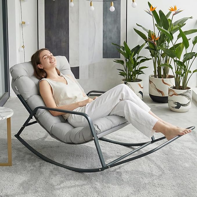 NICESOUL Papasan Rocking Chair with Footrest, Outdoor Rocking Chair with Cushion, Oversized Patio Rocker, Modern Lounge Comfort, Heavy Duty Steel Frame, Indoor Porch Garden, Grey