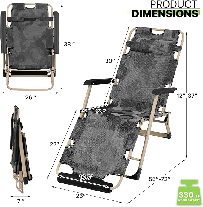 Magshion Folding Patio Chairs Set of 2, Outdoor Lounge Chair with Footrest, Folding Portable Outside Recliner Chair for Backyard, Beach, Camouflage