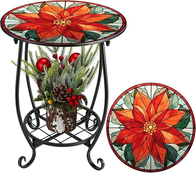Outdoor Side Table Round Small Mosaic Patio Accent Indoor End Plant Coffee Tea Table for Yard Patio Porch Garden Living - Photo 1